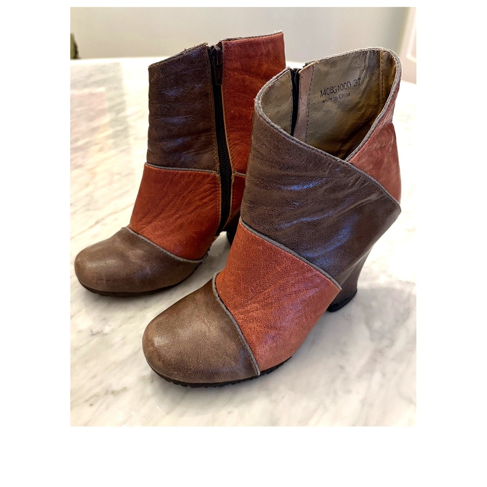 Fly‎ Girl Colorblock Leather Ankle Boots EU 37 Brown Rust Stacked Heel Zip Boho